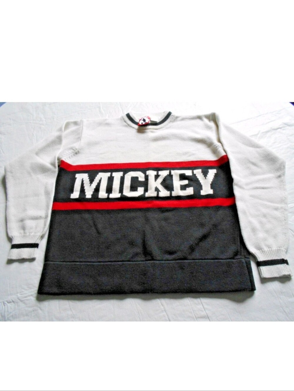 Vtg Mickey Inc Disney Black Red Striped Knit Pullover Crew Neck Sweater Size L